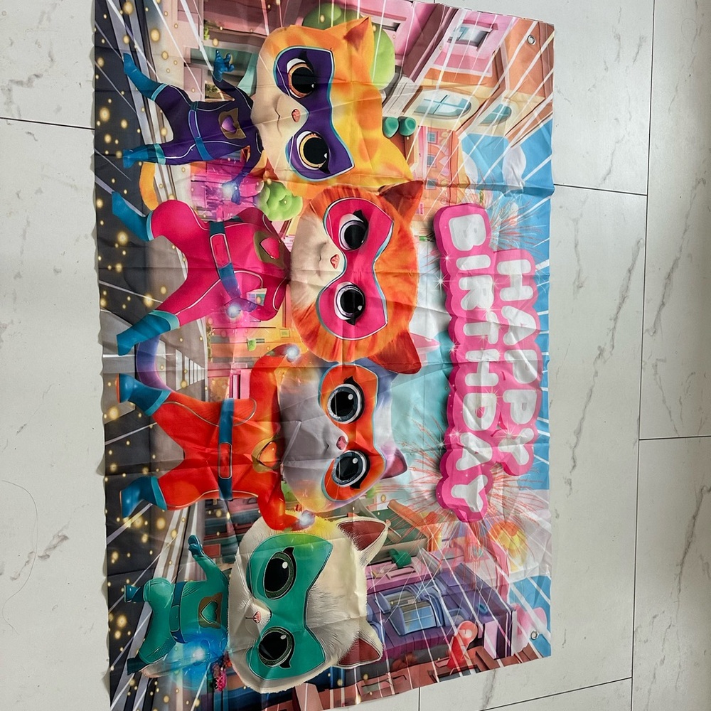 Kids 'Happy Birthday' Superhero Kittens Party Backdrop